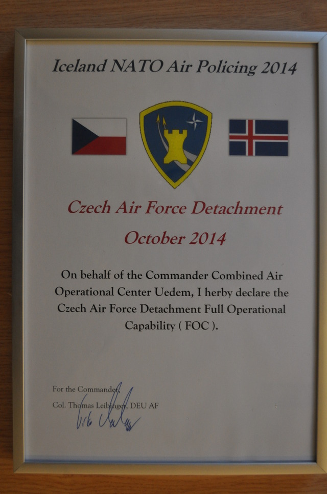  Certifikát o schopnosti plného operačního nasazení Armády ČR pro Air Policing 2014 na Islandu