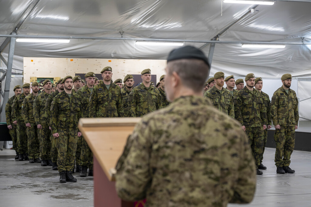 Řeč velitele mnohonárodní brigády. (V pozadí nastoupeno 5. Úkolového uskupení.)