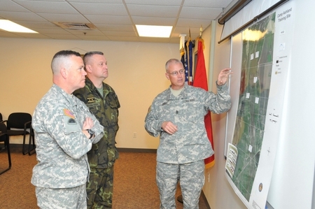 Major General Miroslav Zizka accompanied by Major General Judd Lyons, commander of the Nebraska National Guard, at the local training centre 
