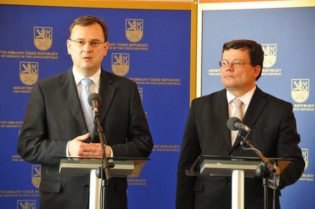 Prime Minister Necas and Defence Minister Vondra speaking to the media