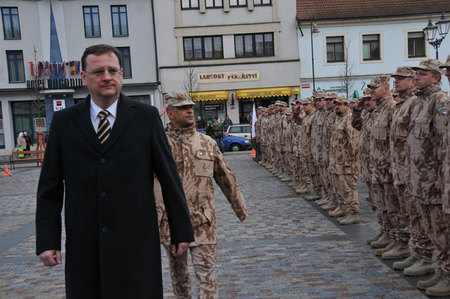 Prime Minister Petr Necas and Colonel Martin Stochl greet soldiers