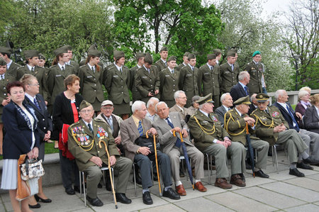 Students of military schools together with WW2 vetrerans attend the ceremony at the National Memorial at Prague-Vitkov. 8 May 2013