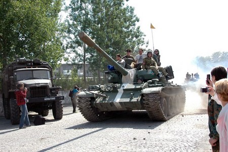 Soviet tank "leaves" Milovice, Czechoslovakia