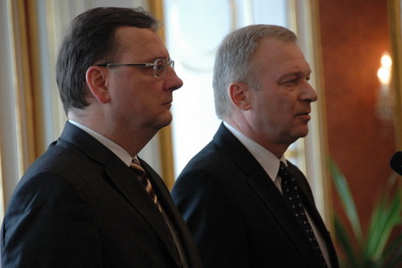 Prime Minister and outgoing Minister of Defence Petr Necas and new Minister of Defence Vlastimil Picek