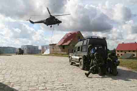 Polish W-3A Sokol helicopter over the building
