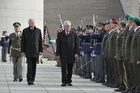 Minister of Defence Vlastimil Picek accompanies President of the Czech Republic Milos Zeman at the parade saluting units of the Czech military at the National Memorial in Prague - Vitkov
